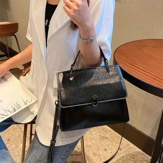 realaiot  Vintage Oil Wax Leather Handbag For Women, Trendy Wide Strap Crossbody Bag, Top Handle Satchel Office & Work Purse