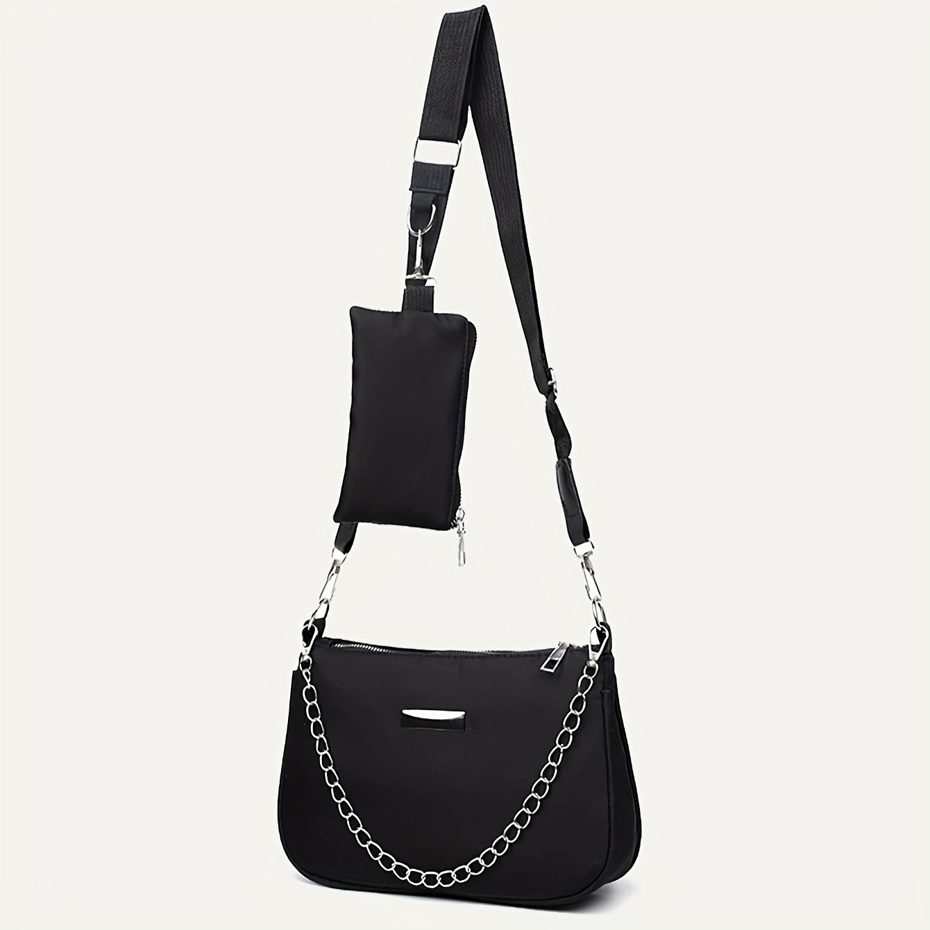 realaiot  2pcs Minimalist Crossbody Bag Set, Trendy Chain Decor Shoulder Bag With Coin Purse, Women's Wide Strap Square Bag