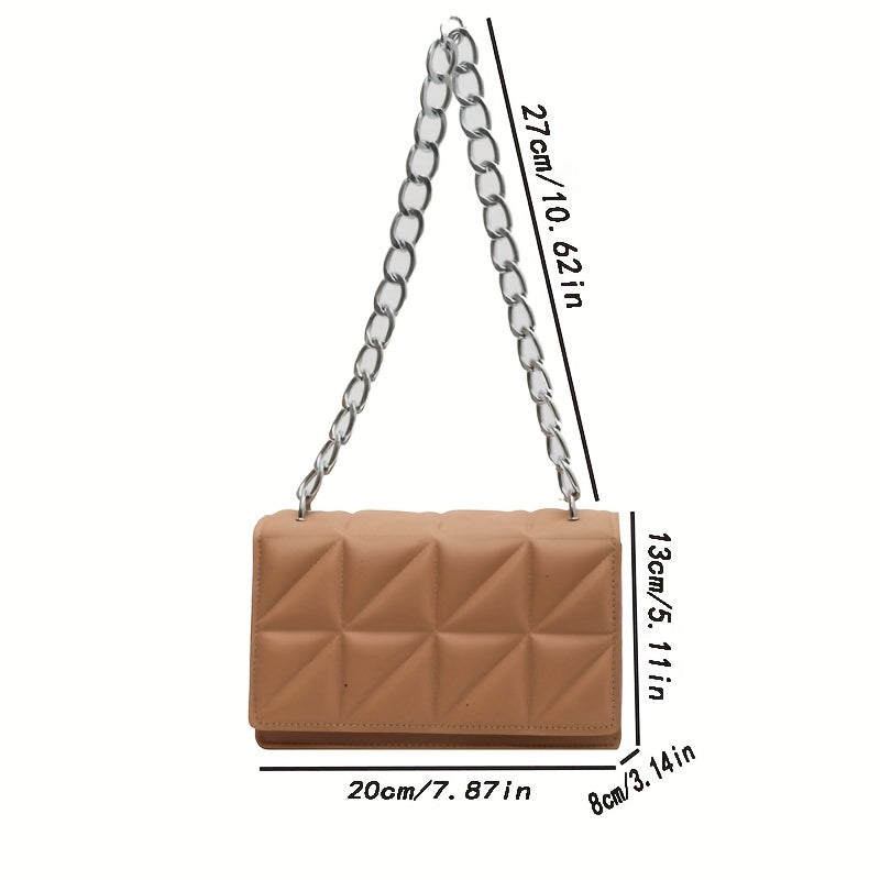 Triangle Pattern Thick Metal Chain Underarm Bag, PU Leather Textured Bag Purse, Fashion Versatile Baguette Bag