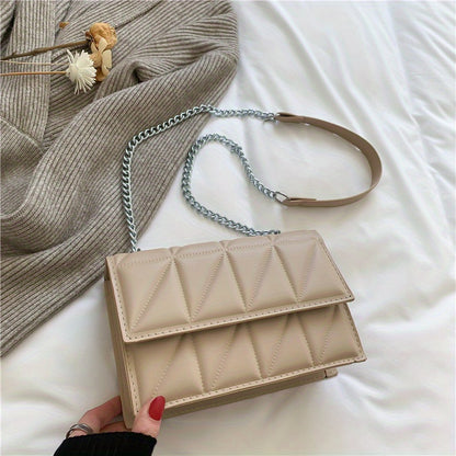 realaiot  Solid Color Casual Square Bag, Metal Chain Fashion Shoulder Bag, PU Leather Crossbody Bag