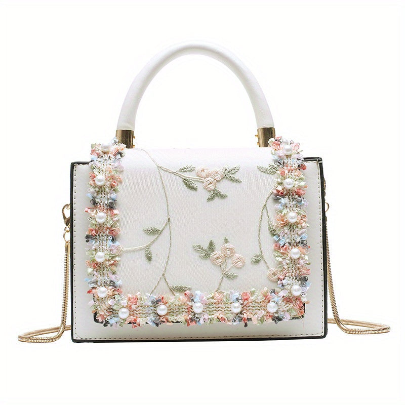 realaiot  Floral Embroidery Handbags For Women, Faux Pearl Decor Crossbody Bag, Fashion Sweet Flap Square Purses