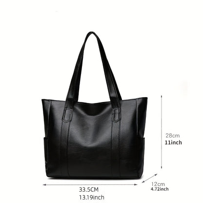 1pc Solid Color Durable Shoulder Bag, Large Capacity Trendy Handbag, PU Leather Zipper Portable Double Handle Tote Bag