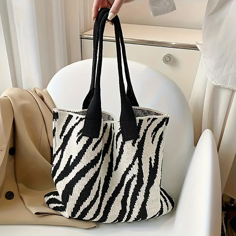 realaiot  Stylish Zebra Pattern Shoulder Bag, All-Match Knitted Handbag, Women's Casual Daily Use Bag