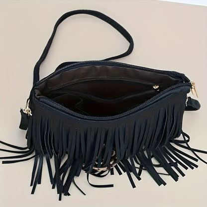 realaiot  Retro Tassel Crossbody Bag, Women's Versatile Shoulder Bag, Boho Style Fringe Square Purse