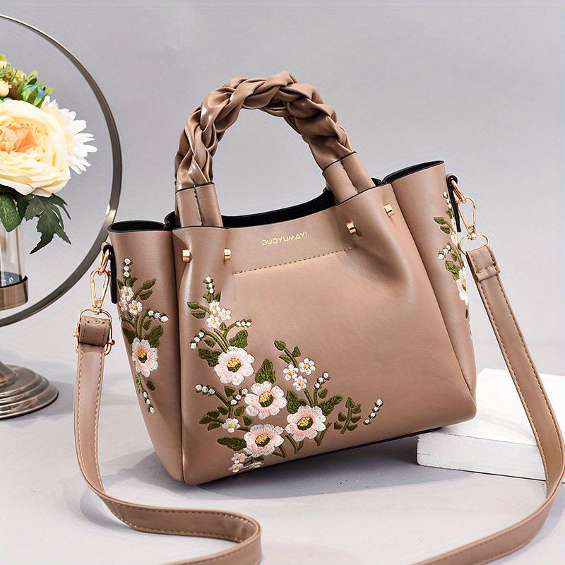 realaiot  Classic Flower Embroidered Tote Bag, Elegant Satchel Bag With Twisted Strap, All-Match Bag For Work