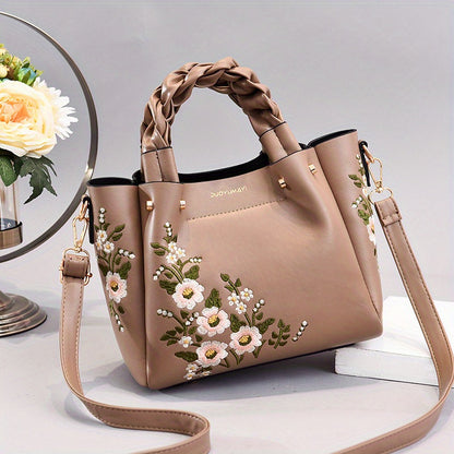 realaiot  Classic Flower Embroidered Tote Bag, Elegant Satchel Bag With Twisted Strap, All-Match Bag For Work