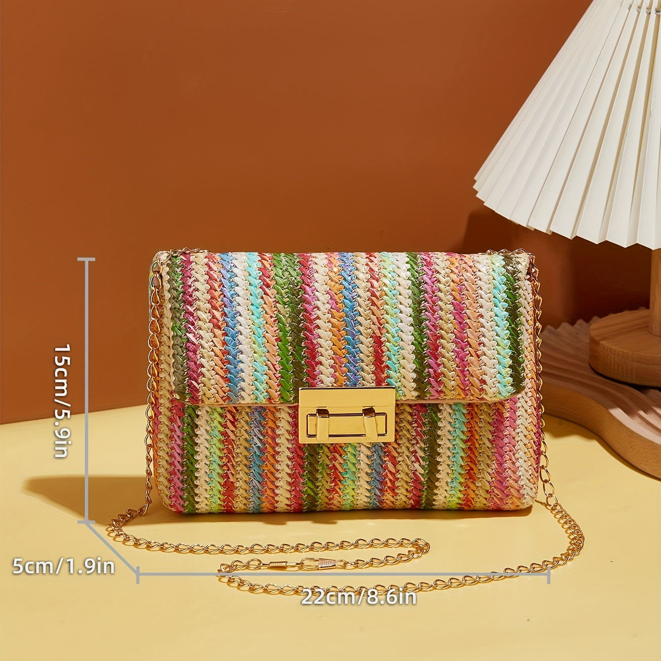 realaiot  Colorful Straw Woven Beach Bag, Fashion Chain Crossbody Bag, Women's Rainbow Design Square Purse