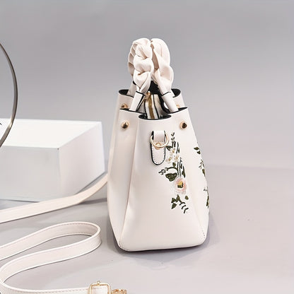 realaiot  Classic Flower Embroidered Tote Bag, Elegant Satchel Bag With Twisted Strap, All-Match Bag For Work