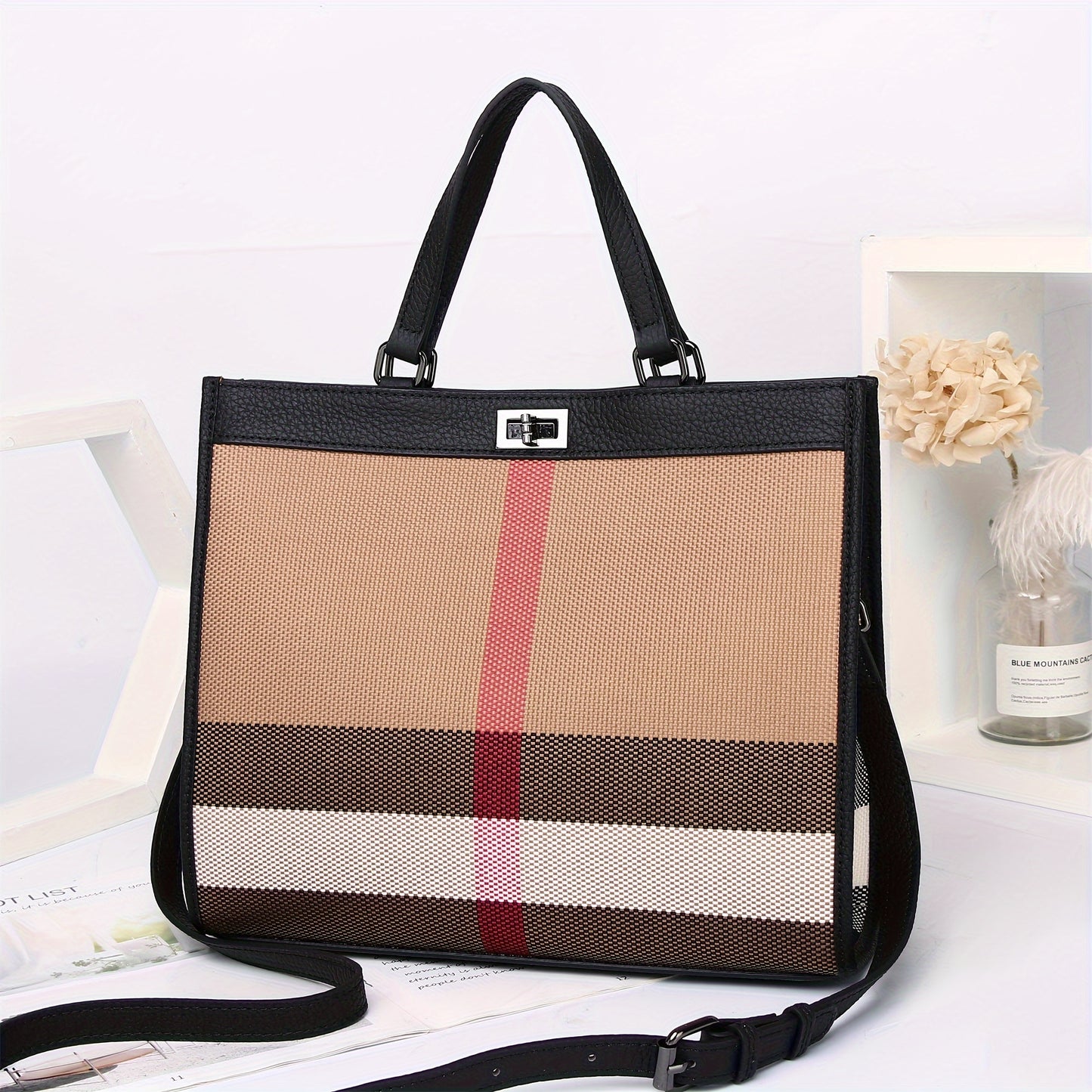 realaiot  Fashion Plaid Pattern Crossbody Bag, Genuine Leather Shoulder Bag, Women's Casual Handbag & Tote Purse