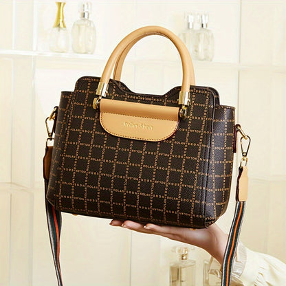 realaiotLetter Plaid Pattern Handbag, Colorblock Wide Strap Shoulder Bag, Retro Crossbody Bag Women Office & Work Purse