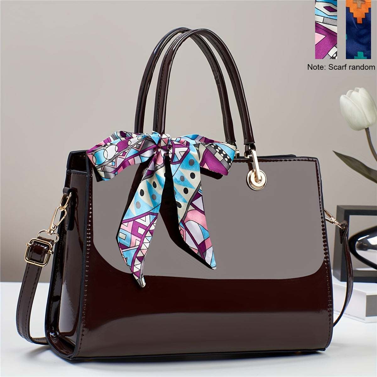 Fashion Bright PU Leather Handbag, Large Capacity Crossbody Bag, Women's Scarf Decor Satchel Purse