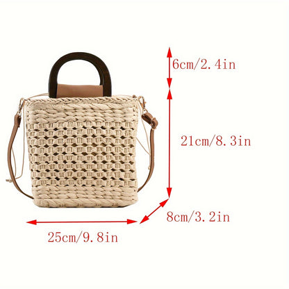 Trendy Paper Straw Handbag, Boho Style Drawstring Beach Bag, Retro French Style Crossbody Bag For Travel Vacation