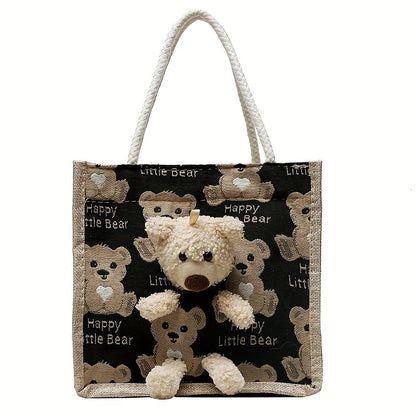 Kawaii Cow Print Tote Bag, Cute Bear Pendant Canvas Bag, Women's Casual Handbag & Shopping Bag