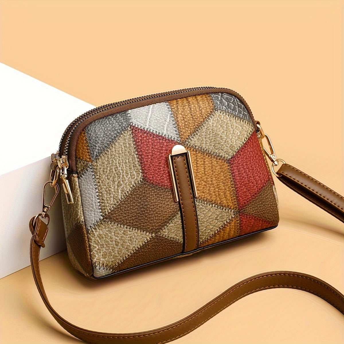 Mini Colorblock Crossbody Bag, Retro Rhombus Pattern Purse, Fashion Shoulder Bag For Women