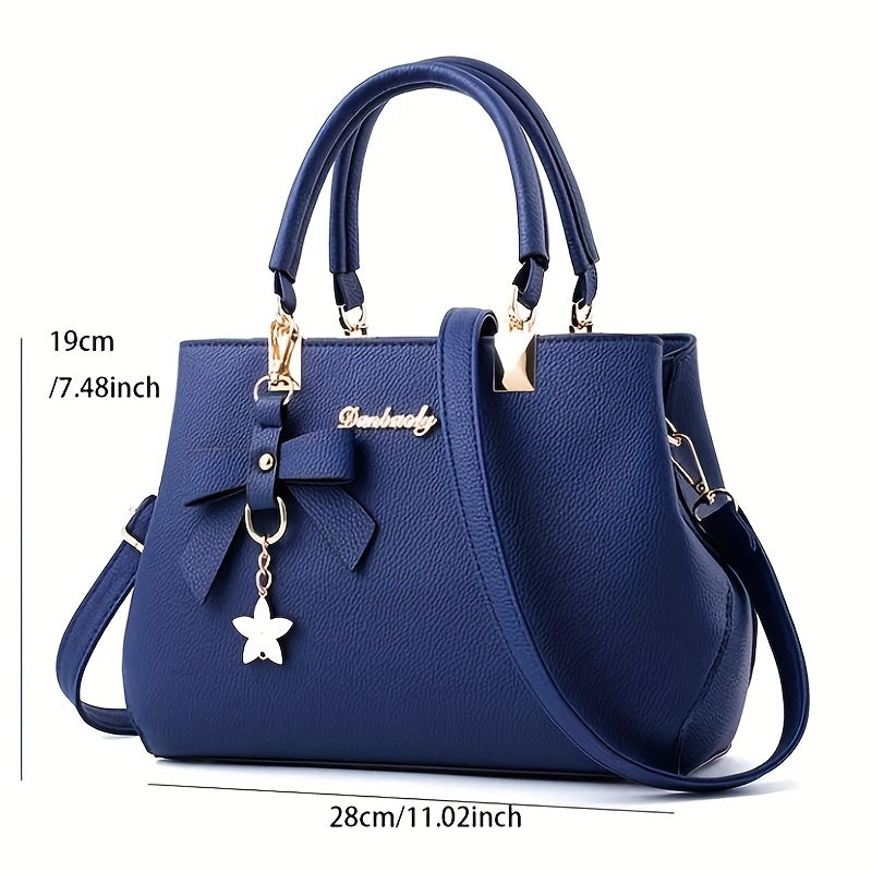 realaiot  Fashion Bow Decor Handbags, Solid Color Satchel Purse, Women's PU Leather Crossbody Bag