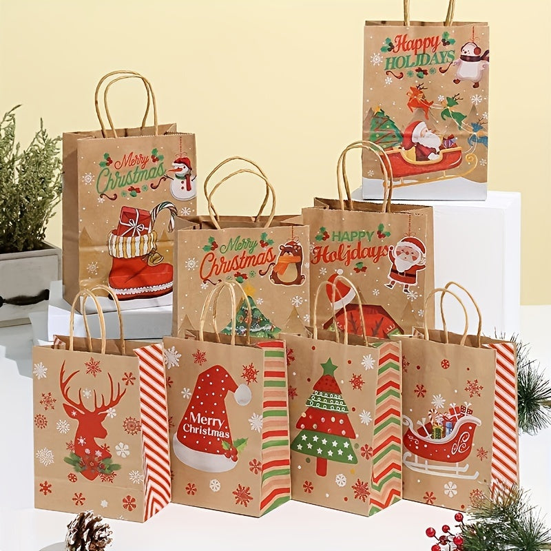 8pcs Christmas Series Kraft Paper Gift Bags With Handles, For Festive Holiday Parties Birthdays Candy Gifts Packaging, Cartoon Elk Snowman Christmas Tree Hat And Other Printed Tote Bag For Christmas Presents, Portable, Easy To Carry - Perfect For Mom, Dad