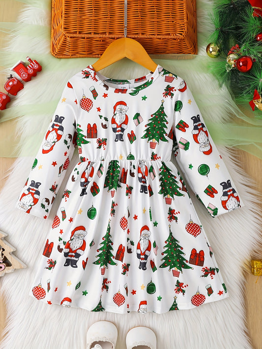 Girls' Christmas Santa Print Long Sleeve Dress, Cute Polyester Fabric, Stretchy, Christmas Pattern, A-Line, Ruffle Detail, Spring/Autumn Season, Children'S Fashion Dress