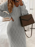 Solid Eyelet Sweater Dress, Elegant V Neck Long Sleeve Midi Dress, Women's Clothing