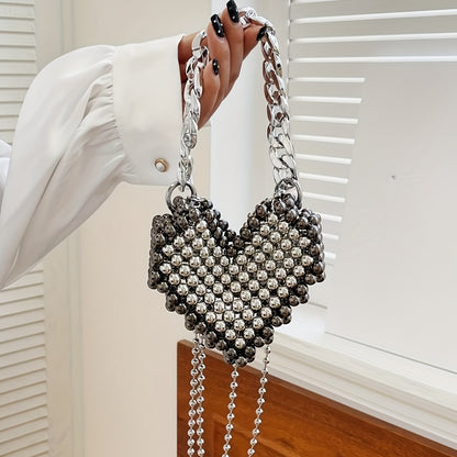 Mini Beads Woven Heart Shape Thick Metal Chain Crossbody Bag, Acrylic Textured Lipstick Purse, Classic Versatile Fashion Shoulder Bag