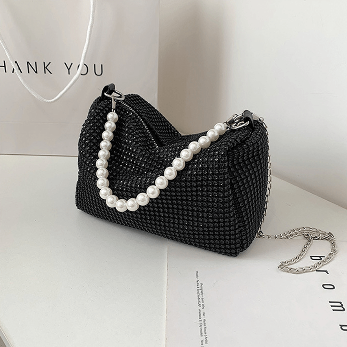 realaiot  Bling-Bling Rhinestone Shoulder Bag, Trendy Chain Clutch Purse, Shiny Chain Crossbody Bag For Evening Party Prom Wedding