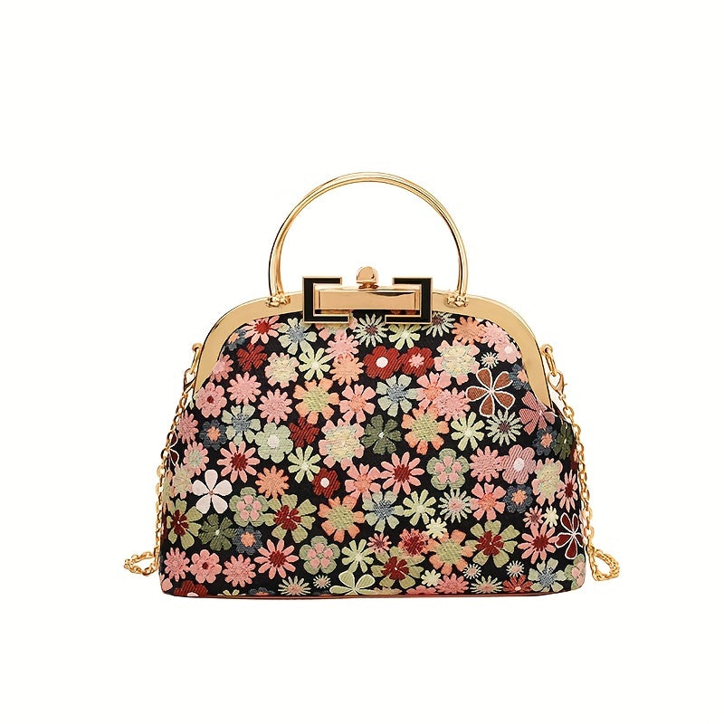 Vintage Flower Graphic Handbag, Top Ring Clip Purse For Women, Elegant Chain Crossbody Bag