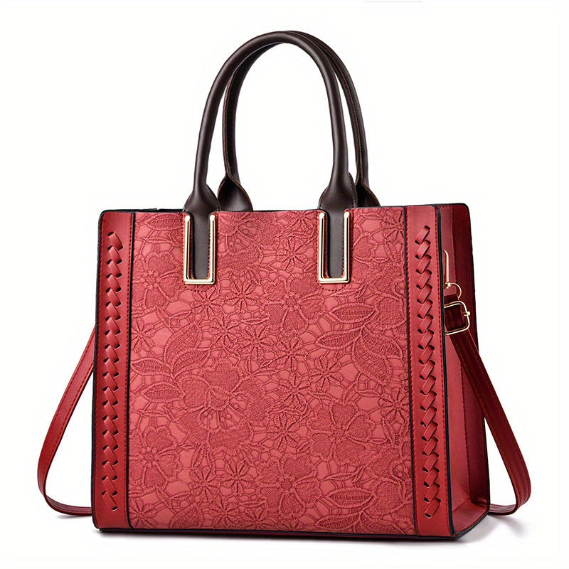 Floral Embossed Tote Bag, Trendy Zipper Crossbody Bag, Large Capacity Messenger Bag