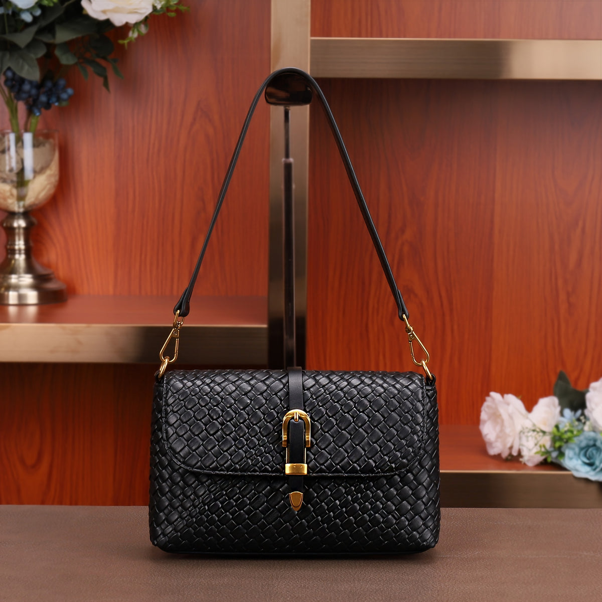 realaiot Trendy Woven Shoulder Bag, Luxury Solid Color Handbag, Women's Buckle Flap Purse Square Handbag