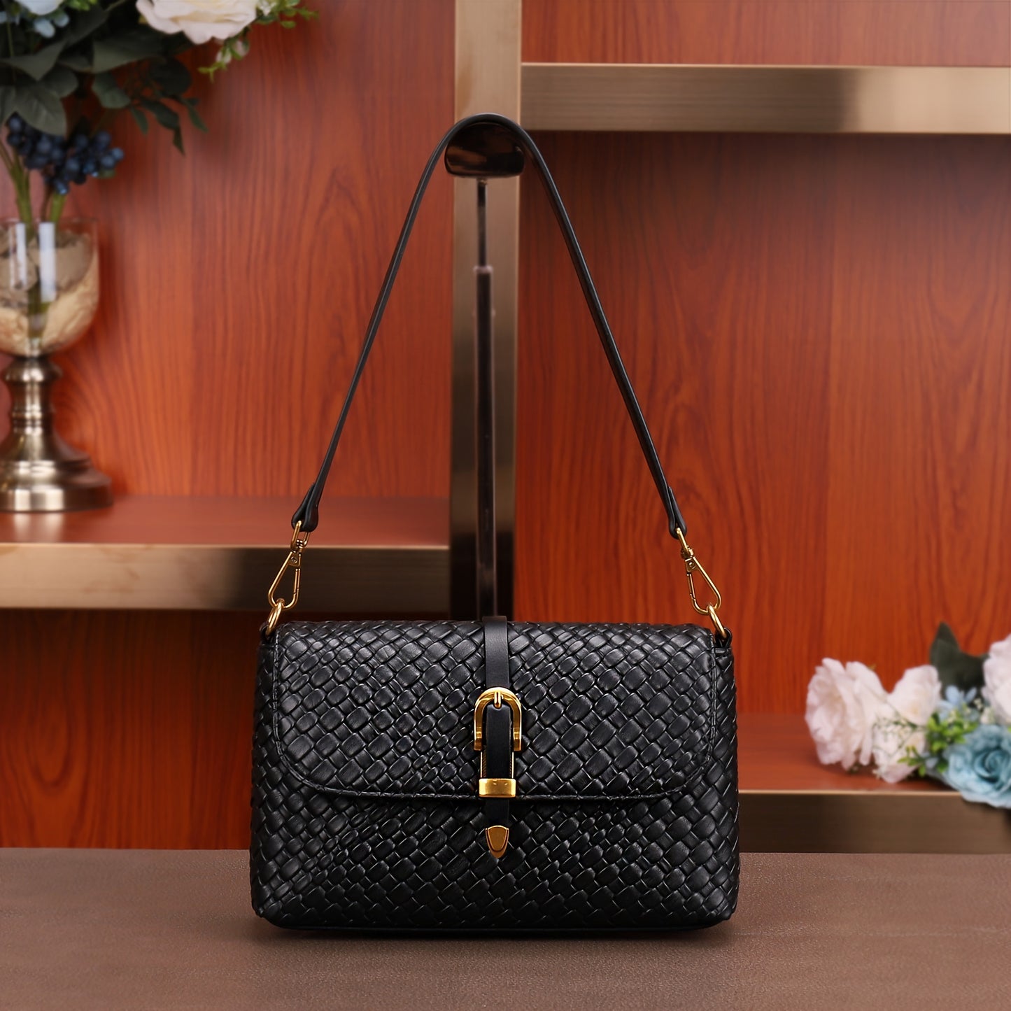 Trendy Woven Shoulder Bag, Luxury Solid Color Handbag, Women's Buckle Flap Purse Square Handbag