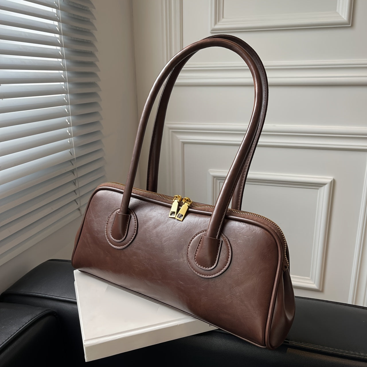Double Zipper Baguette Bag, Elegant Solid Color Shoulder Bag Women's Retro Style Handbag