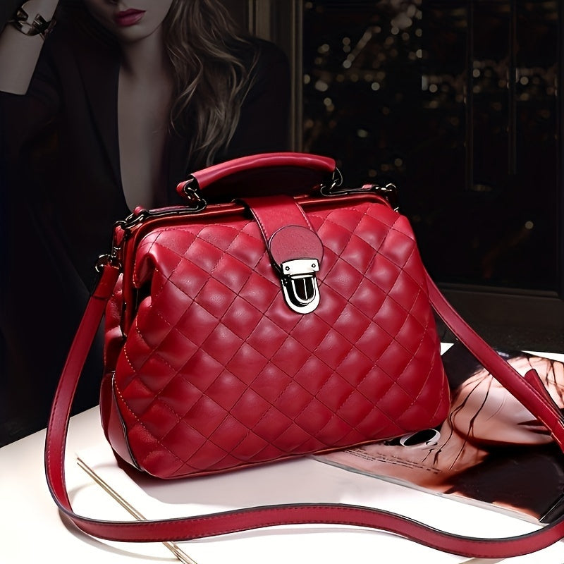 realaiot  Fashion Argyle Quilted Handbag, Simple Buckle Decor Crossbody Bag, Women's PU Leather Shoulder Bag & Purse