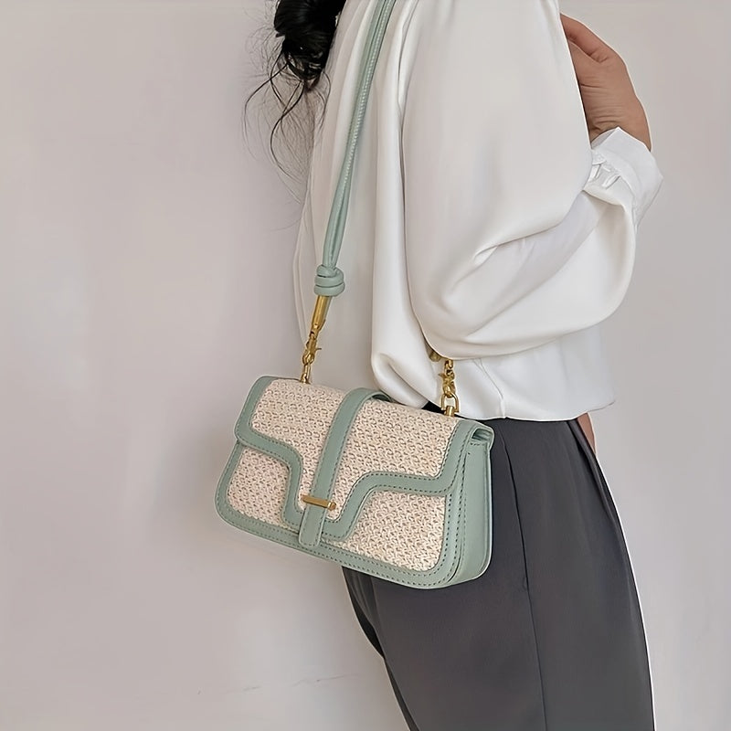 realaiot  Colorblock Woven Crossbody Bag, Trendy Flap Shoulder Bag, Women's Casual Handbag & Purse