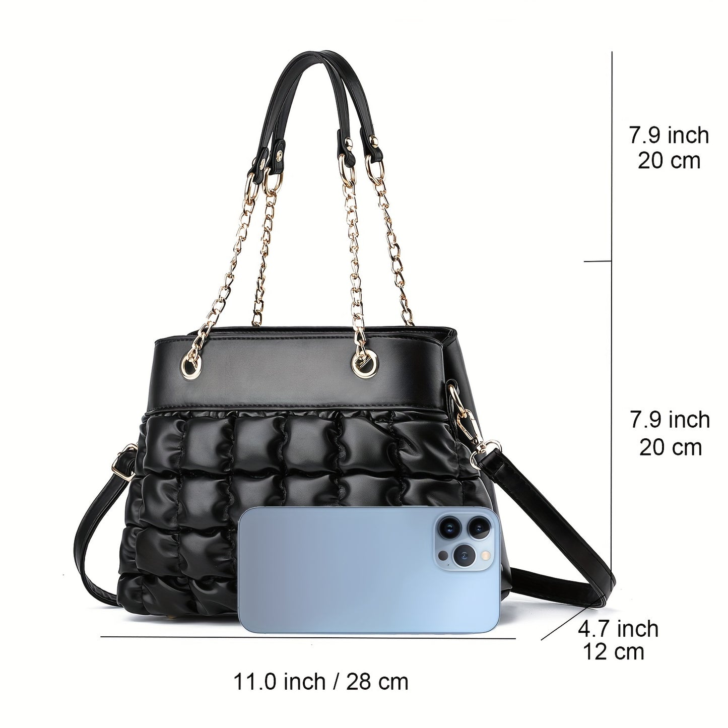 realaiot  Bubble Ruched Shoulder Bag, Fashion Chain Handbag & Purse, Quilted Crossbody Bag For Women