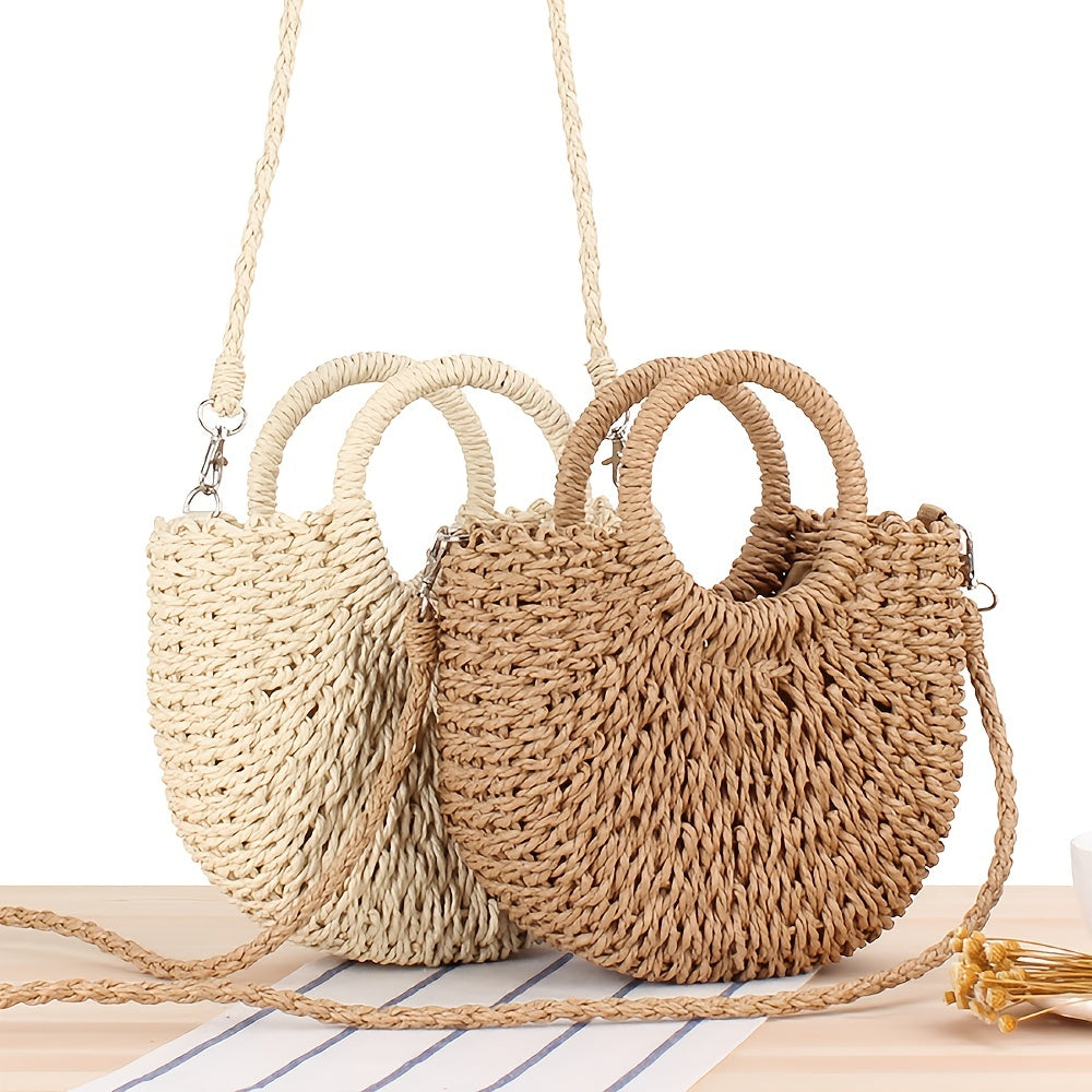 realaiot  Half-Round Woven Straw Bag, Women's Summer Crossbody Bag, Casual Beach Handbag For Holiday