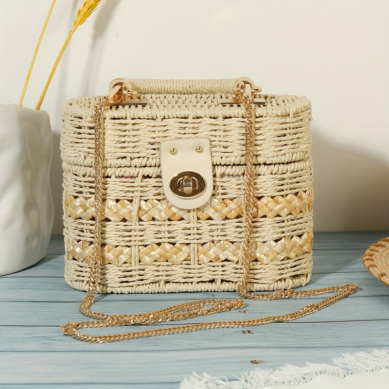 realaiot  Stylish Woven Mini Box Bag, Portable Hollow Shoulder Bag, Perfect Crossbody Box Bag For Beach Traveling