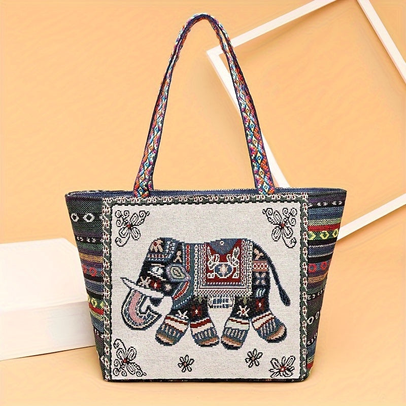 realaiot  New Ethnic Style Shoulder Bag, Butterfly Elephant Pattern Casual Travel Storage Tote Bag For Women