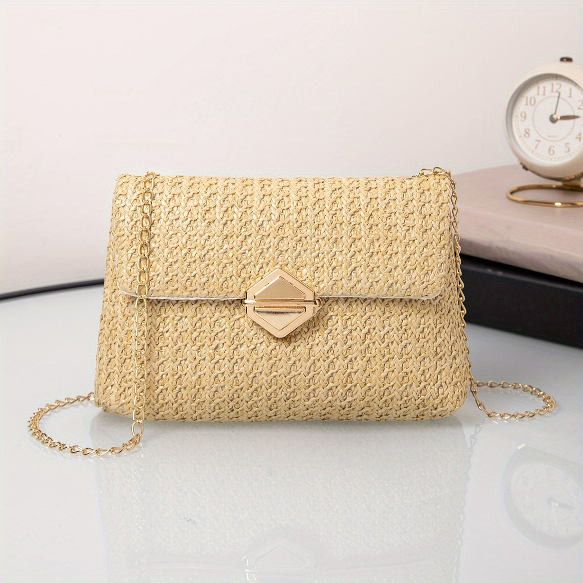 realaiot  Small Straw Square Bag, Trendy Summer Beach Flap Purse, Women's Chain Crossbody Bag,