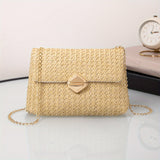 realaiot  Small Straw Square Bag, Trendy Summer Beach Flap Purse, Women's Chain Crossbody Bag,