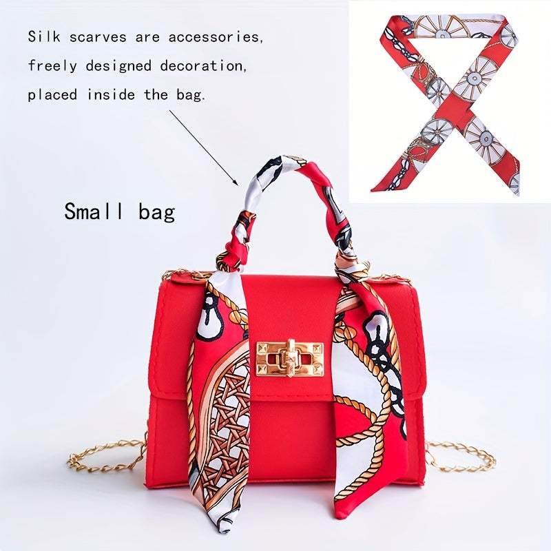 realaiot  Trendy Mini Flap Handbag, Women's Faux Leather Chain Crossbody Bag, Stylish Top Handle Purse,A Handbag Wrapped In A Silk Scarf, Fashion Chain Small Bag