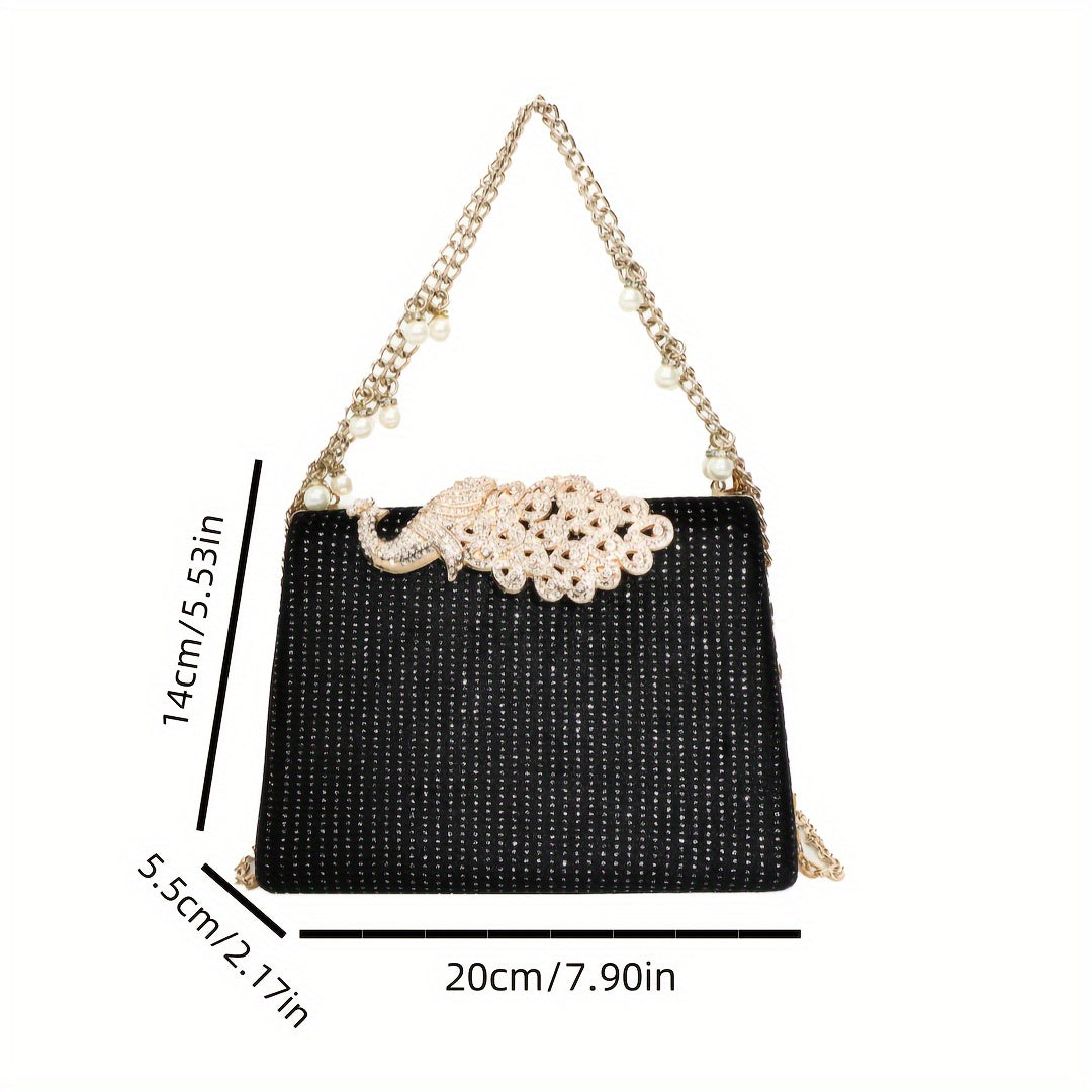 Luxury Rhinestone Evening Bag, Fashion Chain Banquet Handbag, Women's Box Clutch Purse For Wedding Party Prom