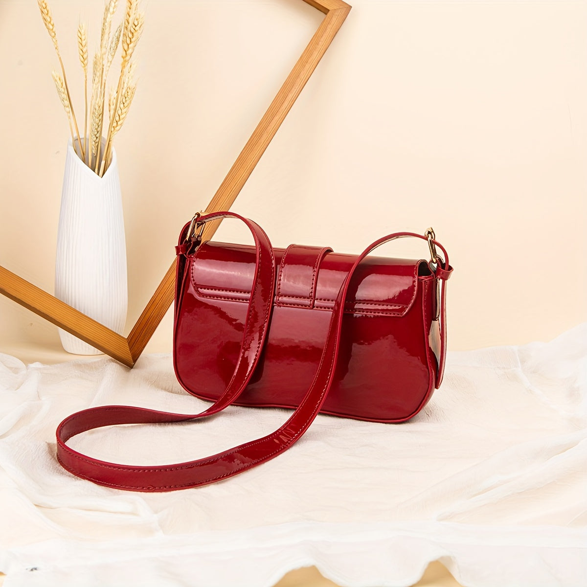 realaiot Fashion Glossy Crossbody Bag, Patent Leather PU Square Purse, Elegant Red Shoulder Bag For Women