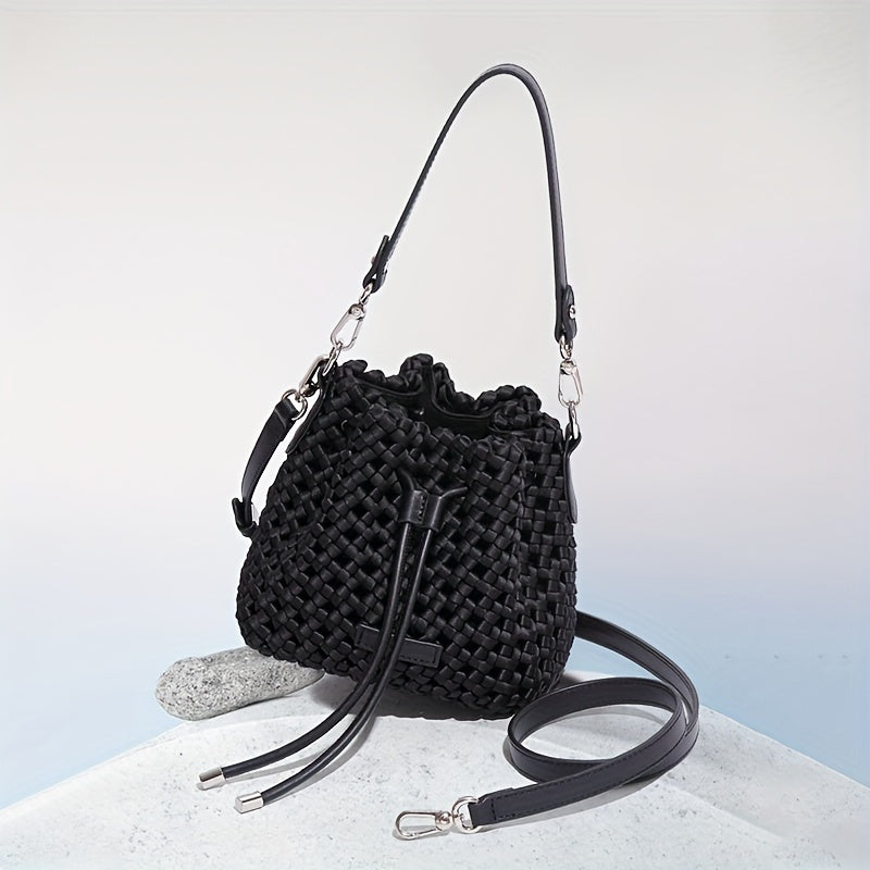 realaiot 2024 New Braided Design Bucket Bag, Solid Color Mini Fashion Trendy Handbag, Mini Leisure Shoulder Bag