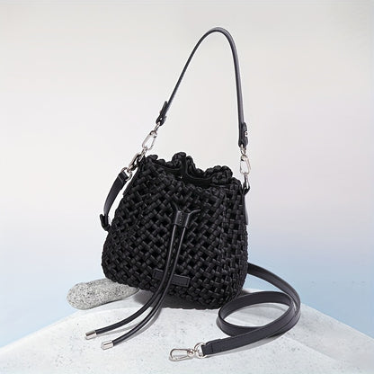 realaiot 2024 New Braided Design Bucket Bag, Solid Color Mini Fashion Trendy Handbag, Mini Leisure Shoulder Bag