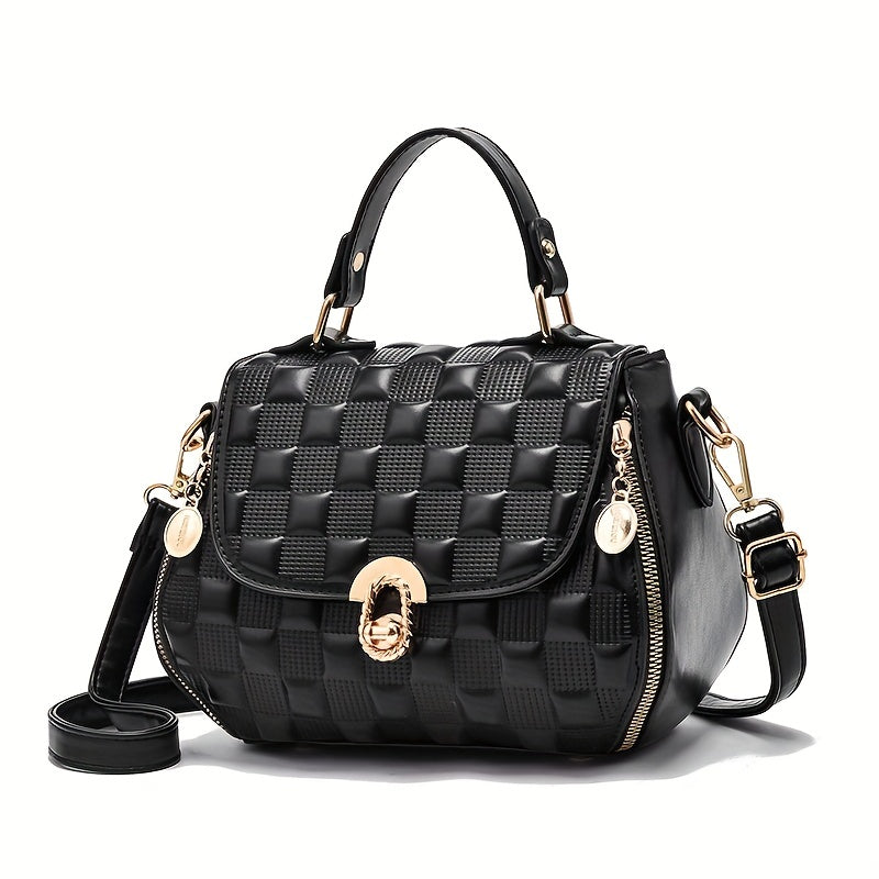 Classic Square Shoulder Bag, Plaid Embossed Satchel Bag, Women's All-Match Crossbody Bag