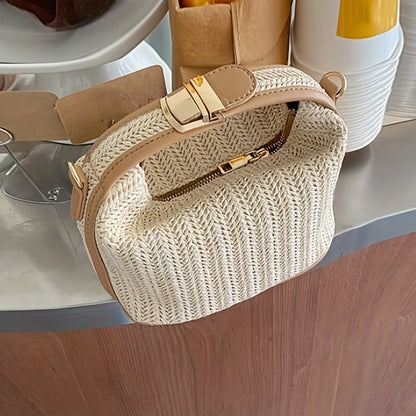 realaiot  Straw Woven Handbags, Fashion Braided Crossbody Bag, Portable Travel Beach Bag For Holiday