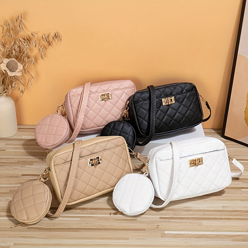 realaiot  Solid Color Quilted Bag, Fashionable Casual Shoulder Bag With Small Purse, Women's Stylish Versatile Handbag & Cosmetic Bag