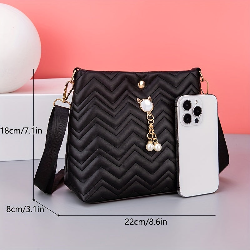 realaiot Wave Quilted Bucket Bag, Trendy Mini Crossbody Bag, Women's Shoulder Handbag & Purse