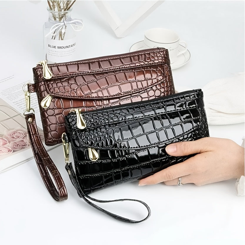 realaiot Crocodile Embossed Clutch Wallet, Women's Long Zipper Hand Bag For Coin & Card, Purse With Wristlet