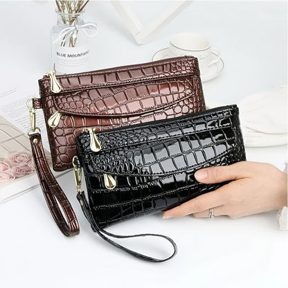 realaiot Crocodile Embossed Clutch Wallet, Women's Long Zipper Hand Bag For Coin & Card, Purse With Wristlet