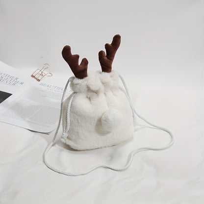 realaiot  Christmas Elk Plush Bucket Bag, Kawaii Faux Fur Crossbody Bag, Cute Fluffy Drawstring Purse, Christmas Gift For Girls Women