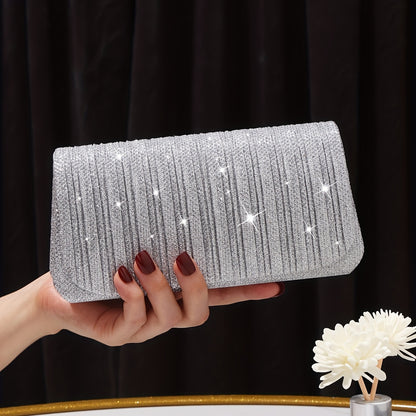 realaiot Glitter Ruched Evening Clutches, Luxury Dress Flap Purse, Women's Handbag For Wedding Party Prom Banquet